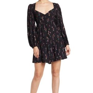 AFRM Channa Ruched Neck Printed Mini Dress Medium Black Floral Rose Garden